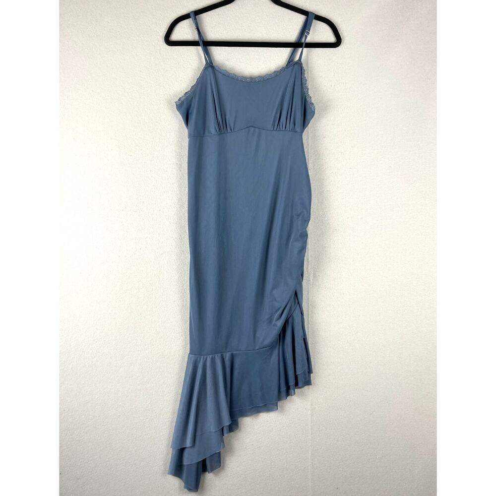 Babydoll Y2K Slip Dress Womens Large Blue Asymmetrical‎ Mesh Fairy Ruffle Lace